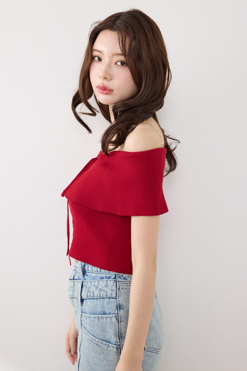 レースアップオフショルニットトップス RED FREE
