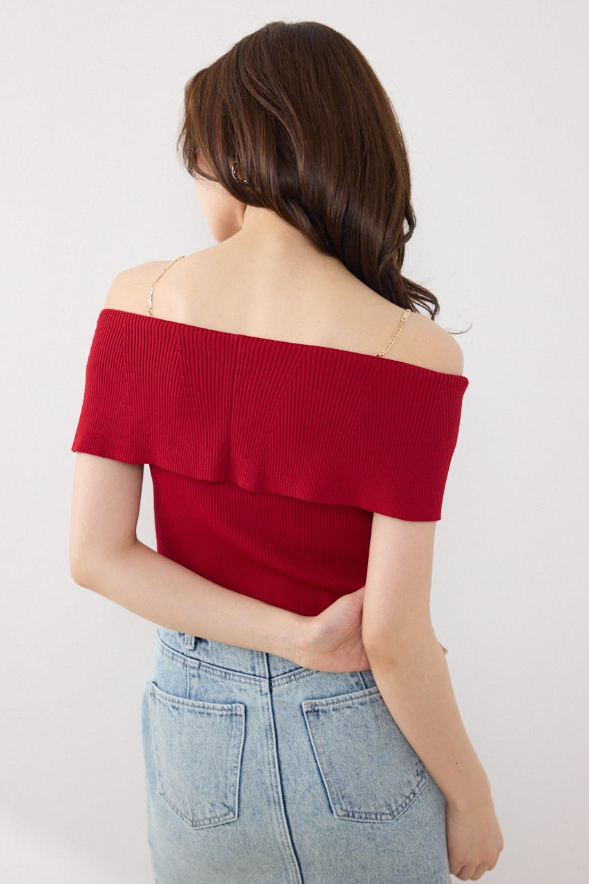 レースアップオフショルニットトップス RED FREE