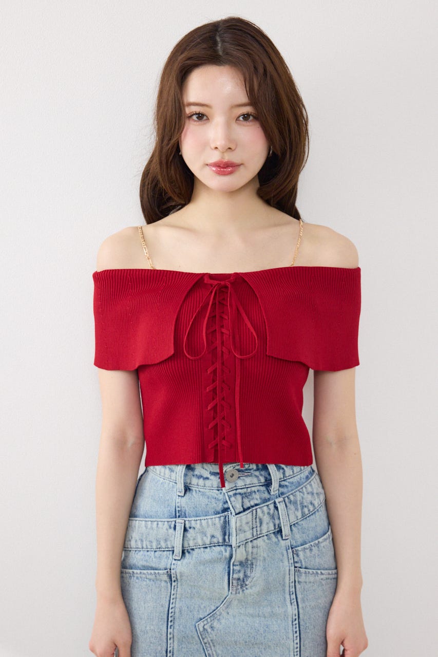 レースアップオフショルニットトップス RED FREE
