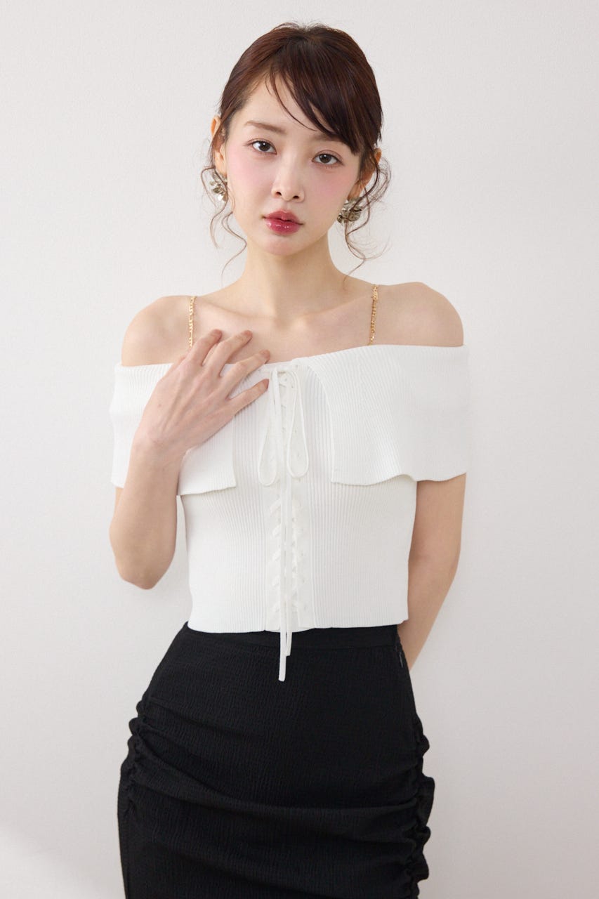 【GirlsAward着用アイテム】レースアップオフショルニットトップス WHT FREE