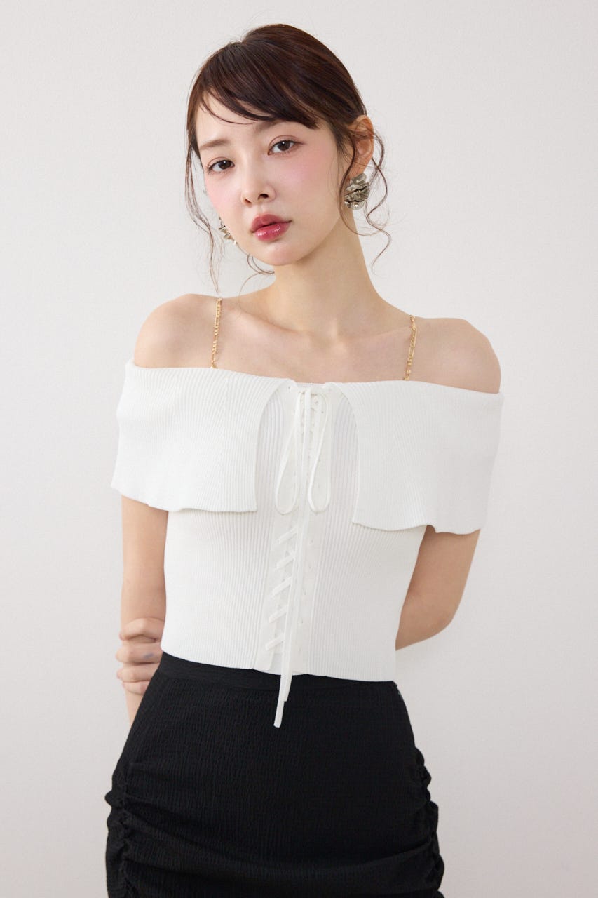 【GirlsAward着用アイテム】レースアップオフショルニットトップス WHT FREE