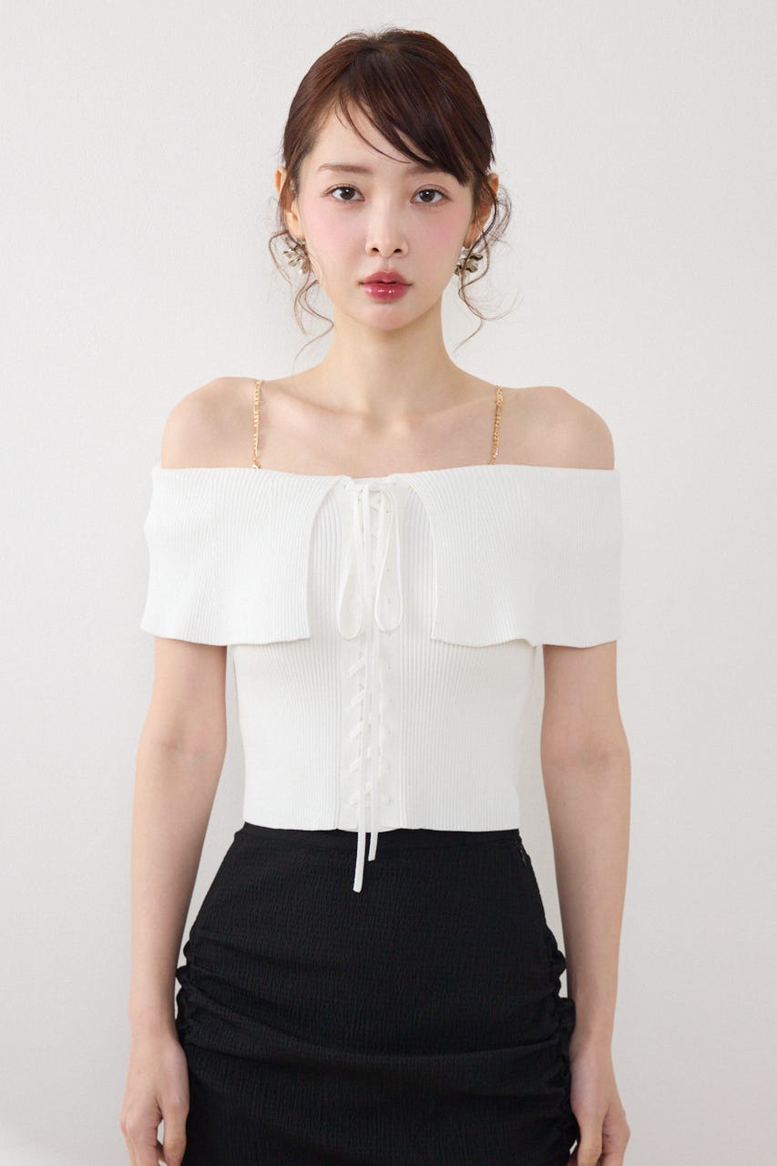 【AKB48 行天優莉奈さん着用アイテム】レースアップオフショルニットトップス WHT FREE