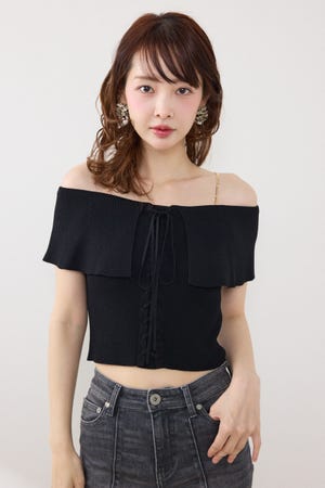 レースアップオフショルニットトップス