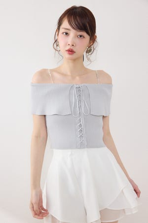 レースアップオフショルニットトップス