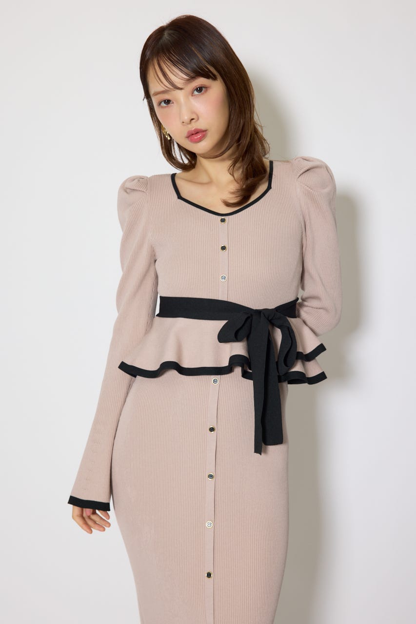 配色ペプラムタイトニットワンピース BEG FREE