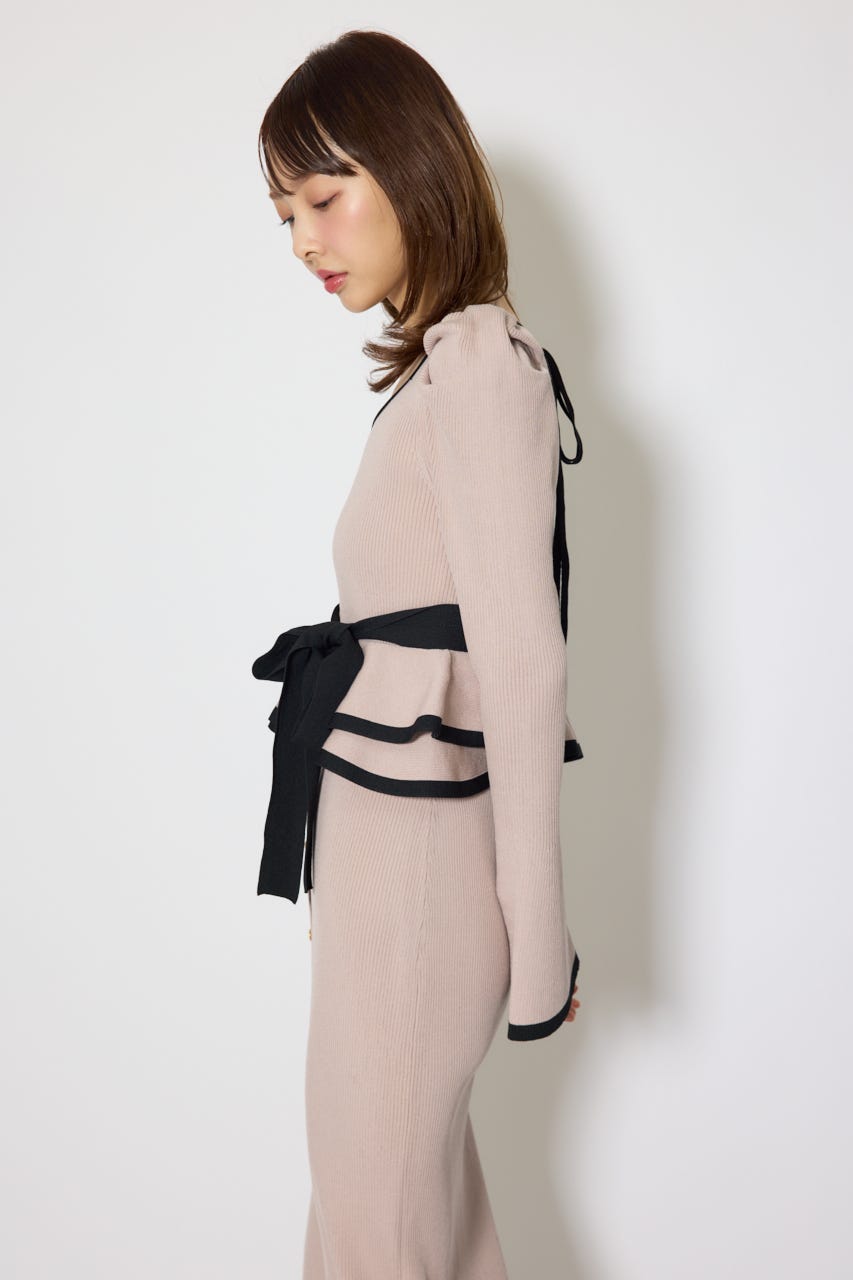 配色ペプラムタイトニットワンピース BEG FREE