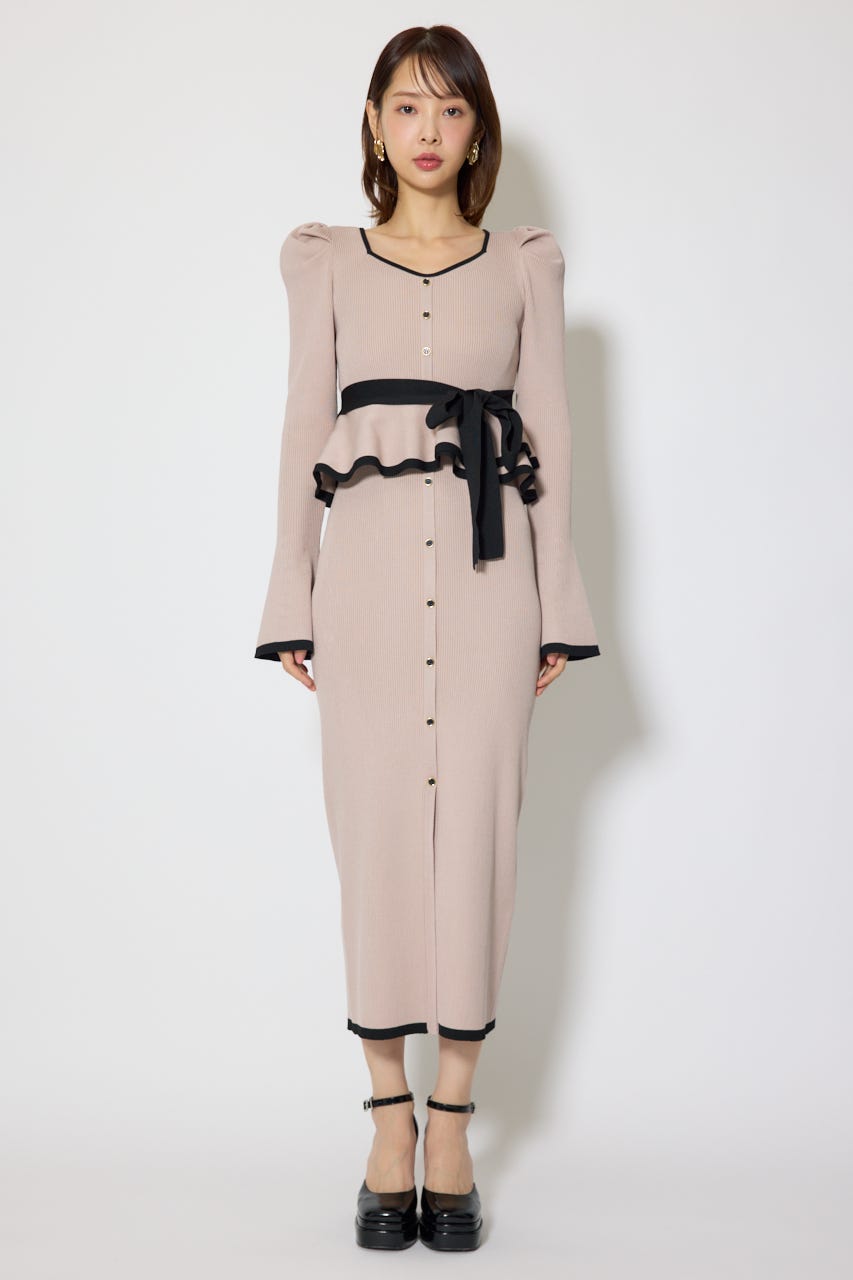 配色ペプラムタイトニットワンピース BEG FREE