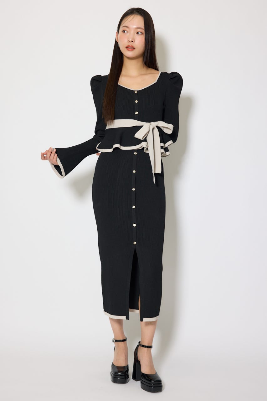 配色ペプラムタイトニットワンピース BLK FREE