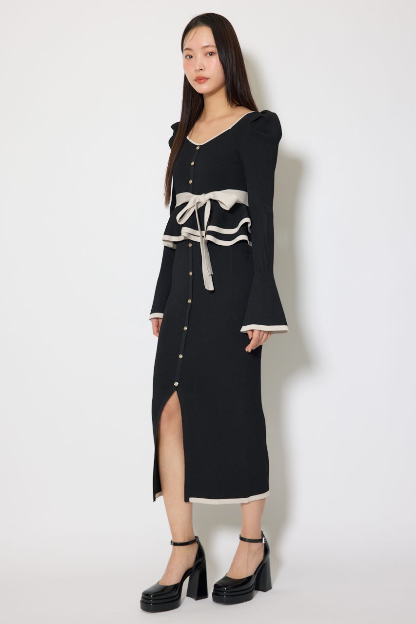配色ペプラムタイトニットワンピース BLK FREE