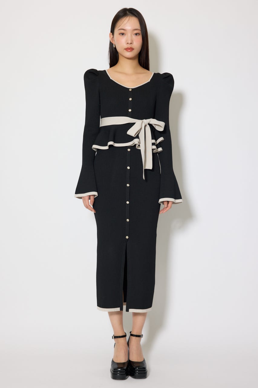 配色ペプラムタイトニットワンピース BLK FREE