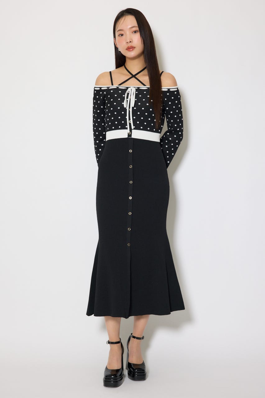 リボンカーデセットマーメイドニットワンピース BLK FREE