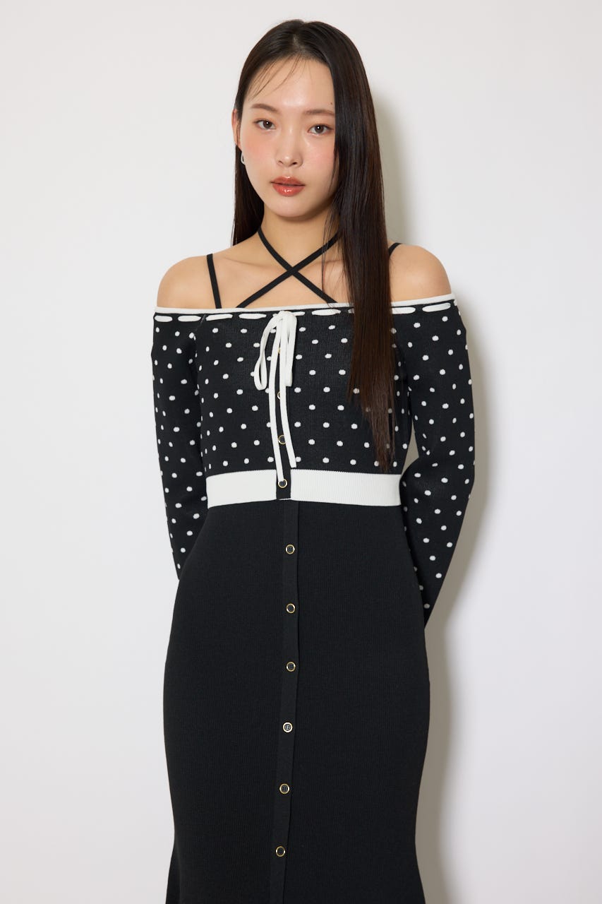 リボンカーデセットマーメイドニットワンピース BLK FREE