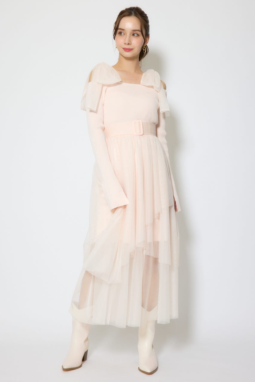 ショルダーリボンチュールニットワンピース PNK FREE