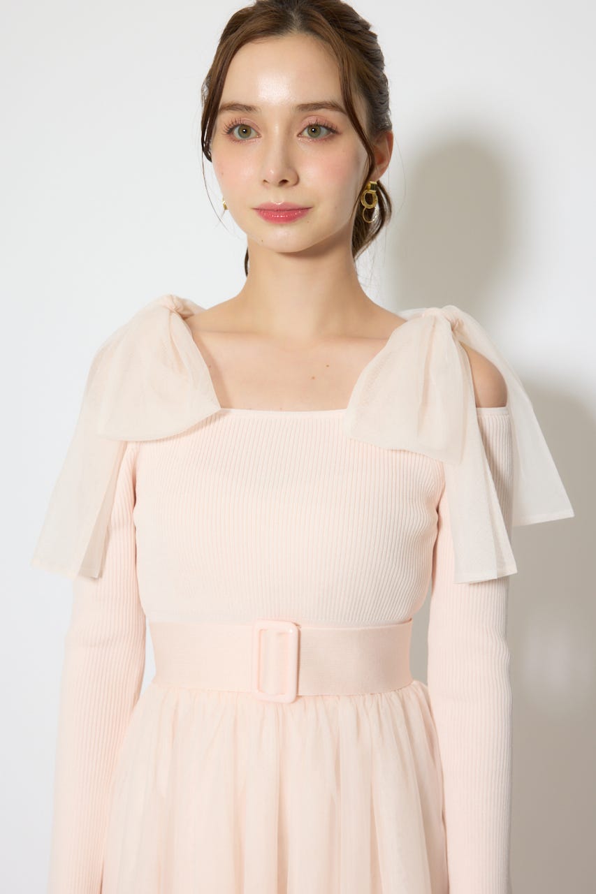 ショルダーリボンチュールニットワンピース PNK FREE