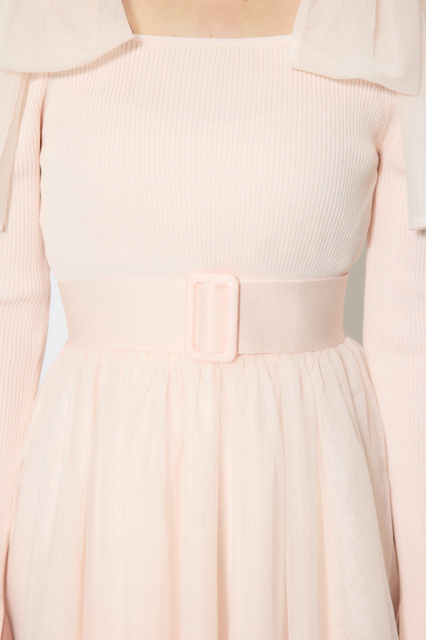 ショルダーリボンチュールニットワンピース PNK FREE