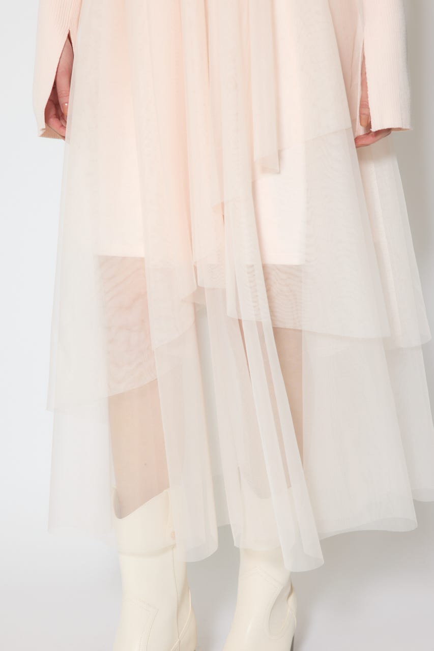 ショルダーリボンチュールニットワンピース PNK FREE