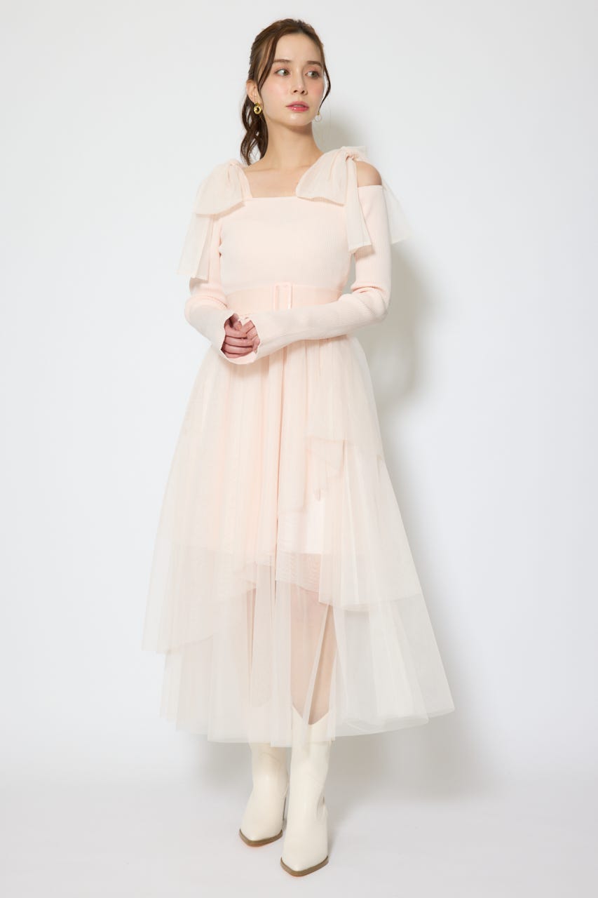 ショルダーリボンチュールニットワンピース PNK FREE