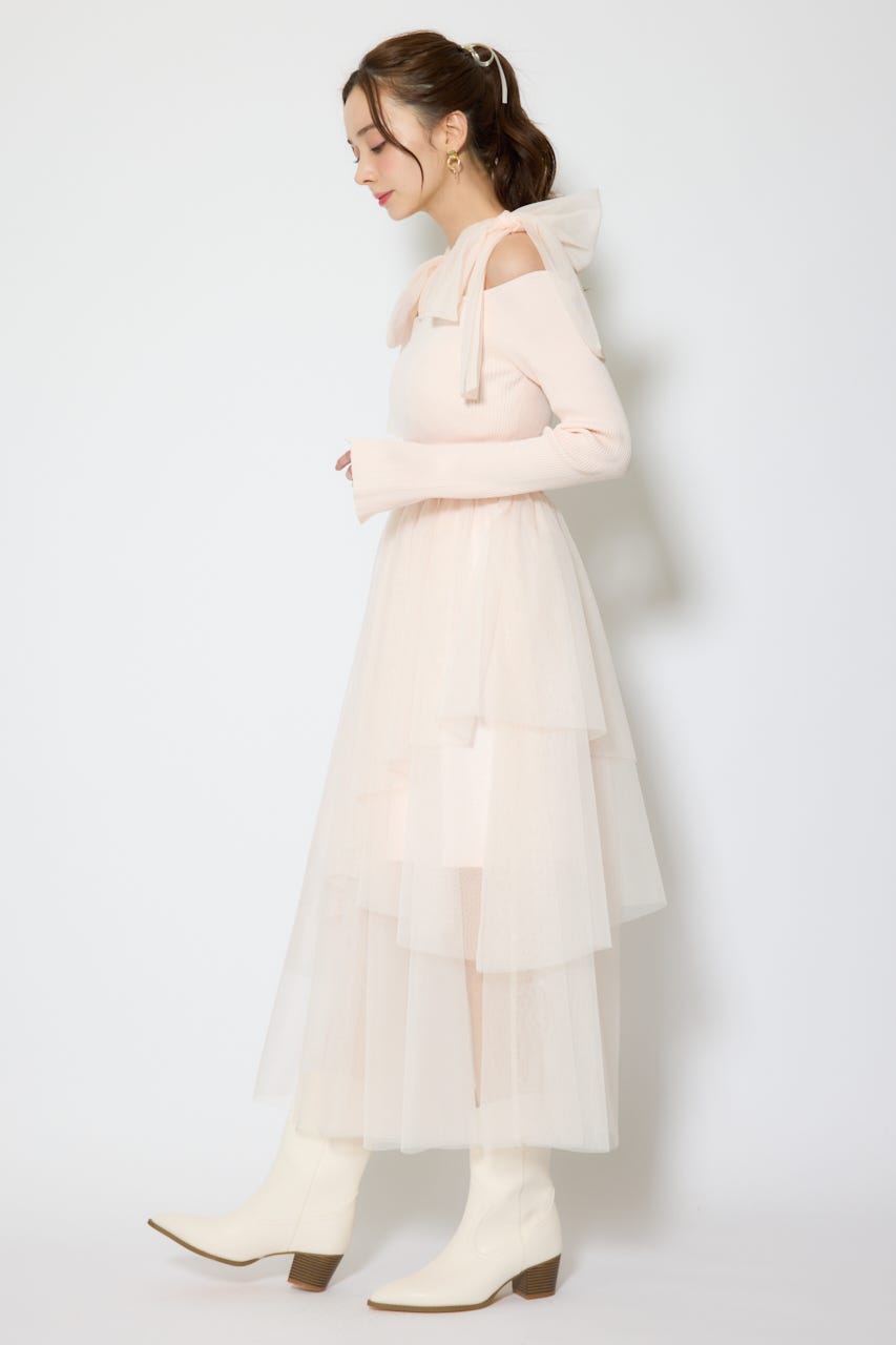 ショルダーリボンチュールニットワンピース PNK FREE