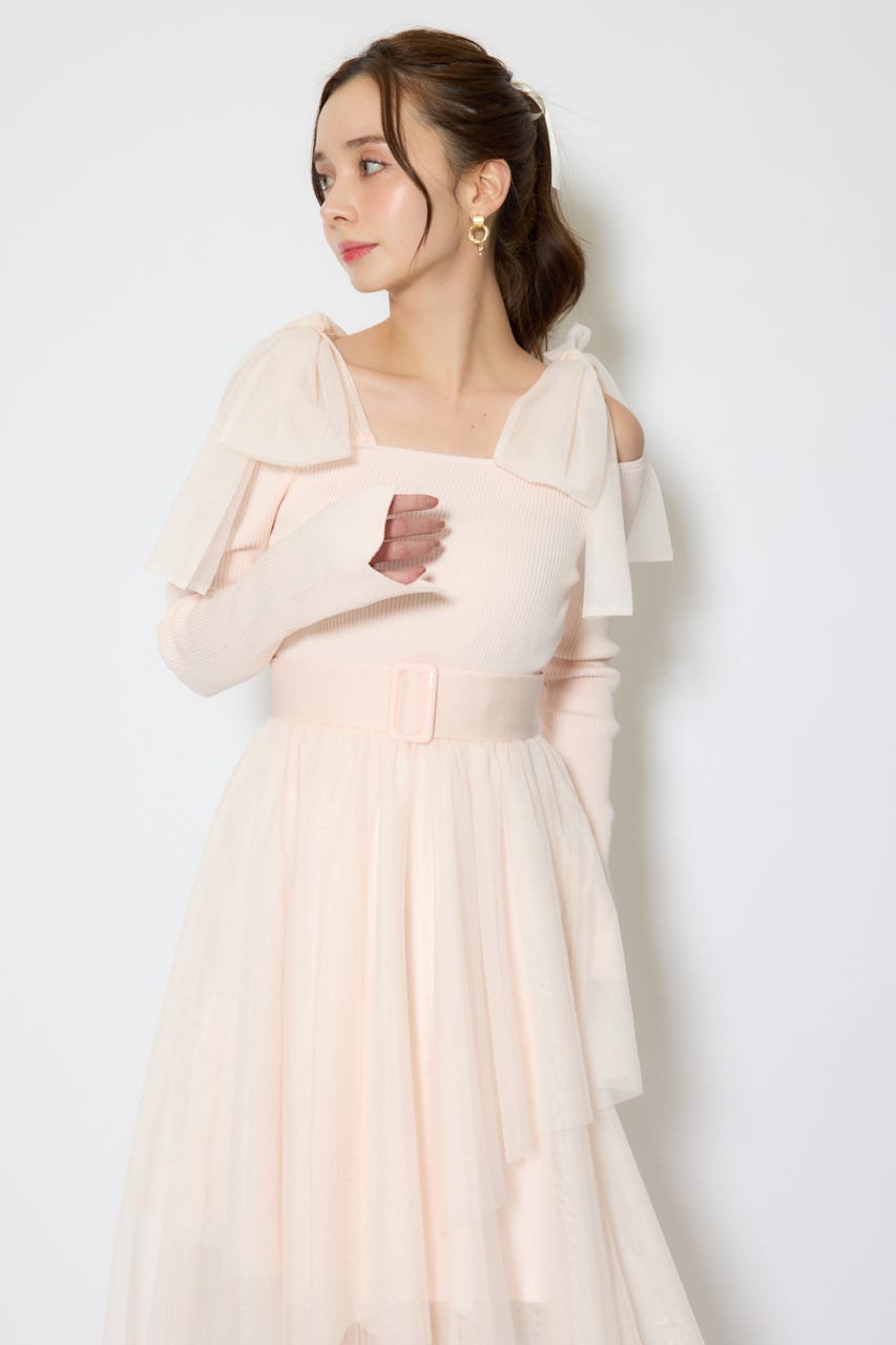ショルダーリボンチュールニットワンピース PNK FREE