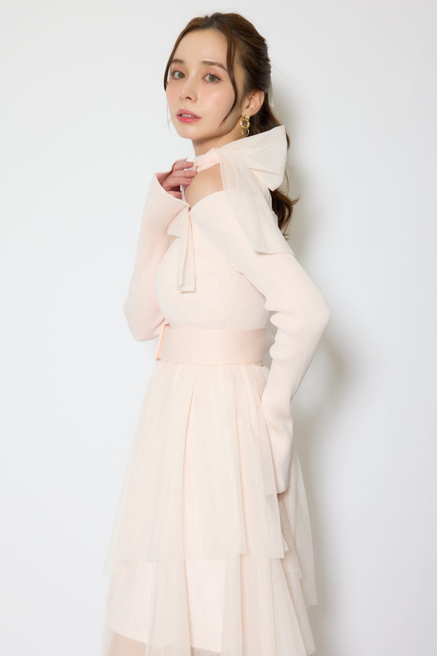 ショルダーリボンチュールニットワンピース PNK FREE