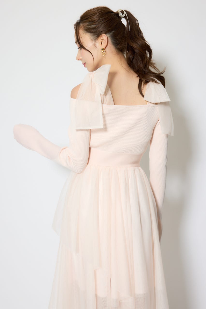 ショルダーリボンチュールニットワンピース PNK FREE