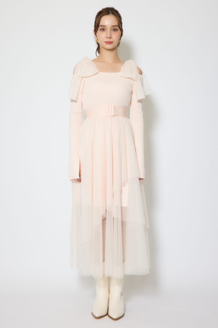 ショルダーリボンチュールニットワンピース PNK FREE