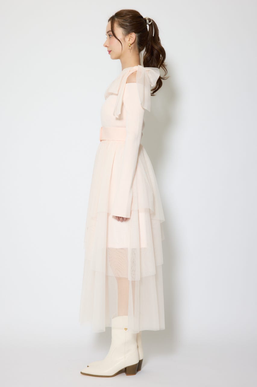 ショルダーリボンチュールニットワンピース PNK FREE