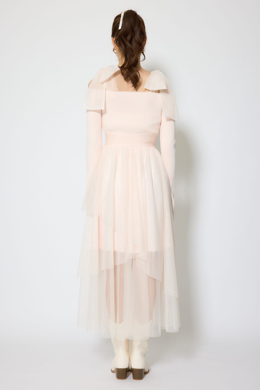 ショルダーリボンチュールニットワンピース PNK FREE