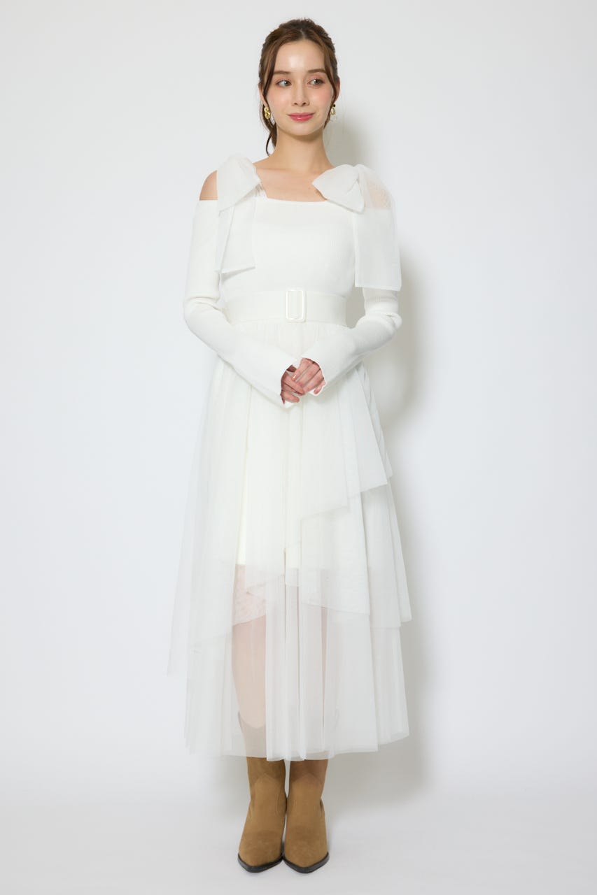 ショルダーリボンチュールニットワンピース WHT FREE