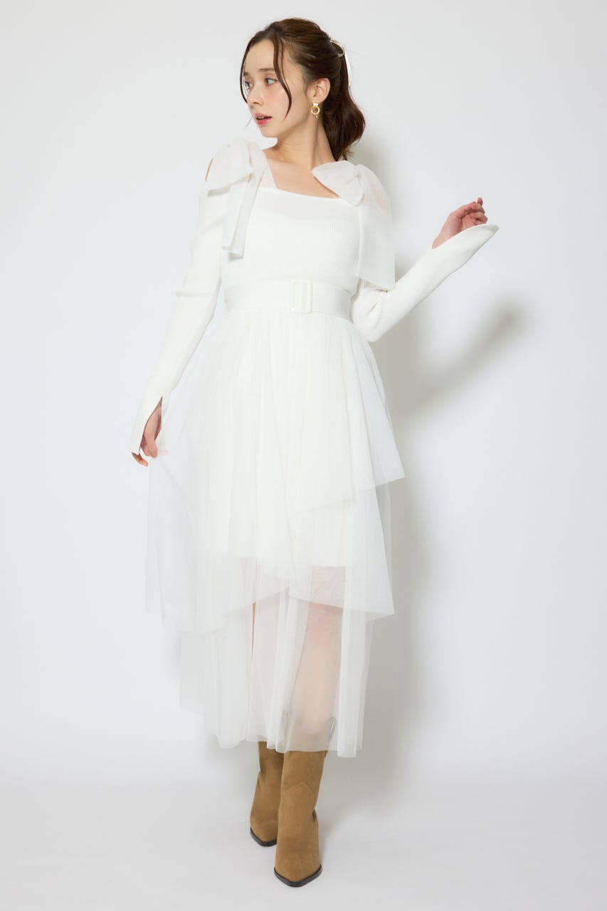 ショルダーリボンチュールニットワンピース WHT FREE