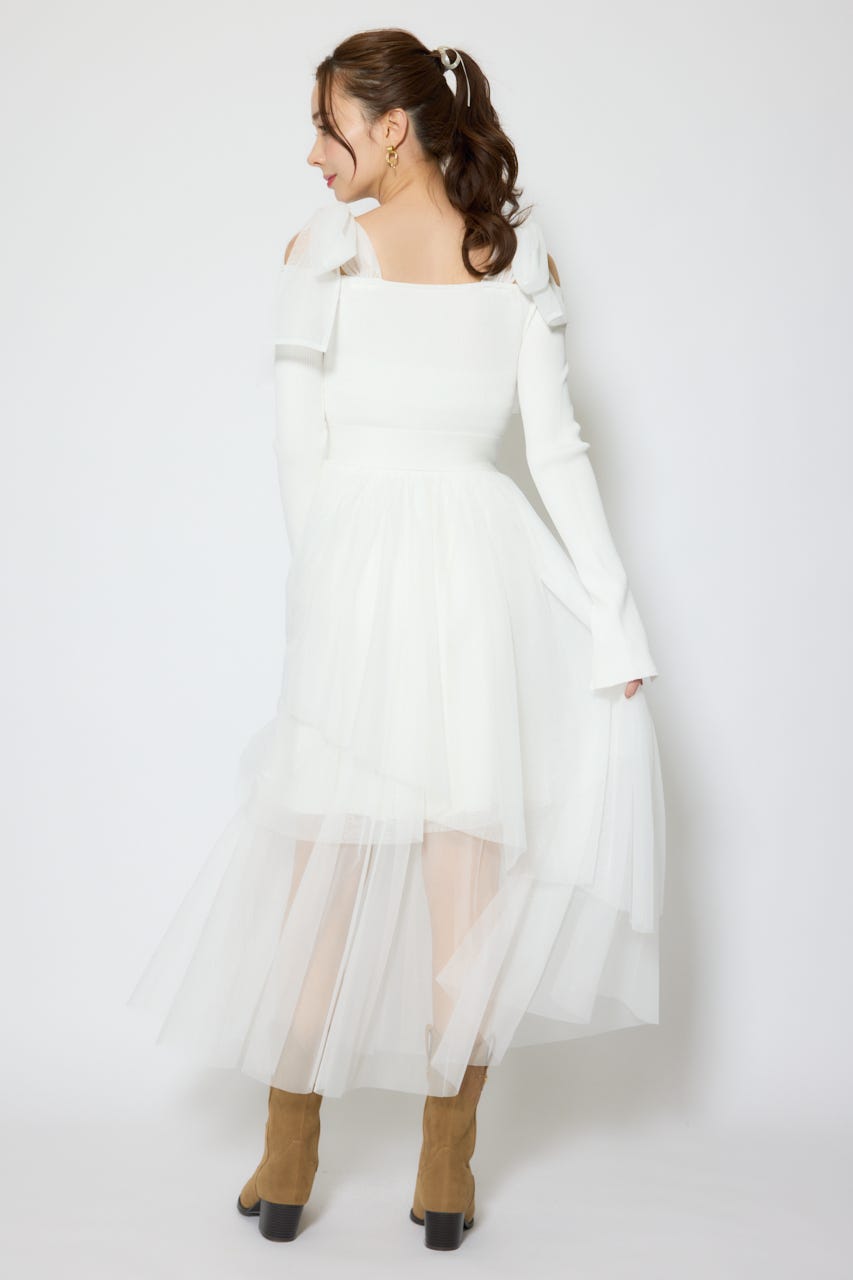 ショルダーリボンチュールニットワンピース WHT FREE