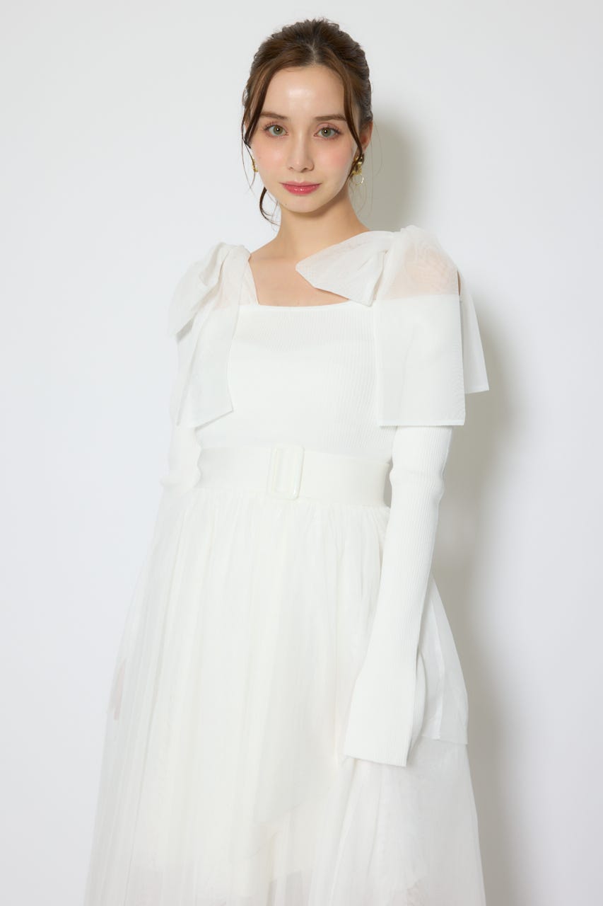 ショルダーリボンチュールニットワンピース WHT FREE