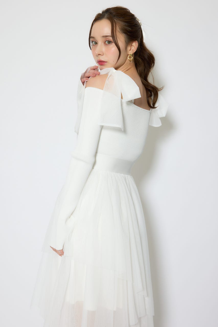 ショルダーリボンチュールニットワンピース WHT FREE