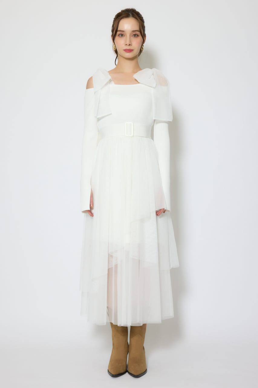 ショルダーリボンチュールニットワンピース WHT FREE