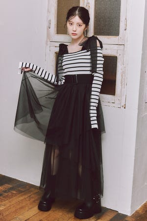 ショルダーリボンチュールニットワンピース