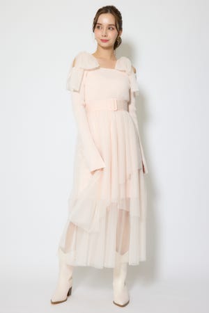 ショルダーリボンチュールニットワンピース