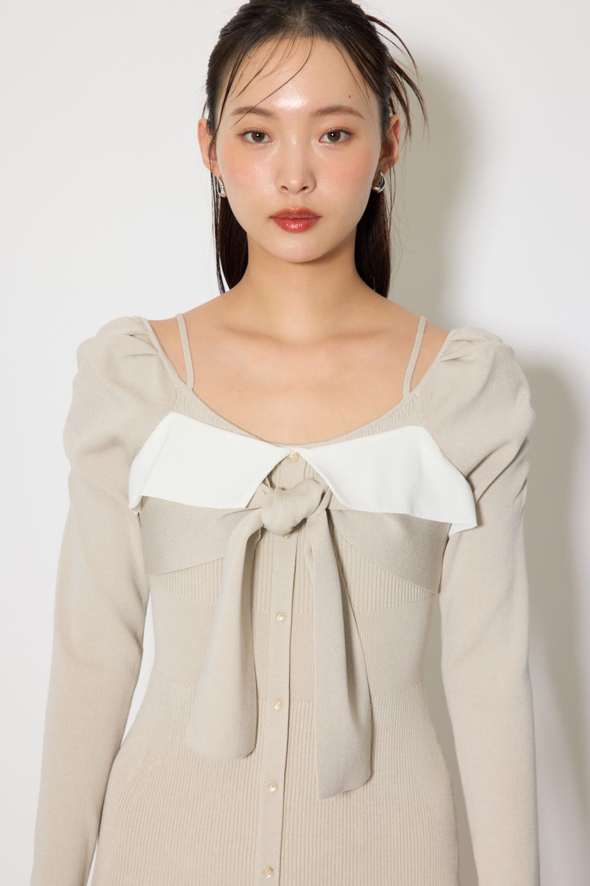 レイヤードフロントリボンマーメイドニットワンピース BEG FREE