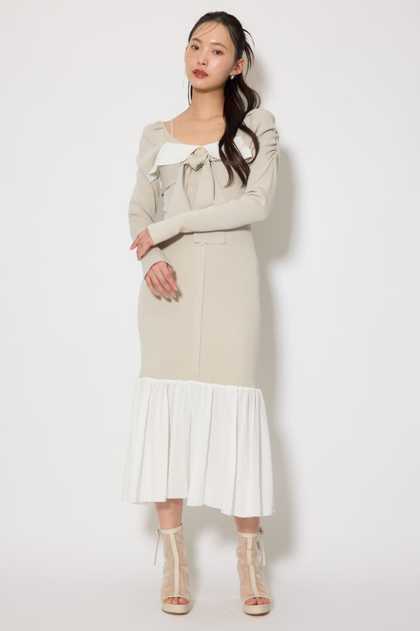 レイヤードフロントリボンマーメイドニットワンピース BEG FREE