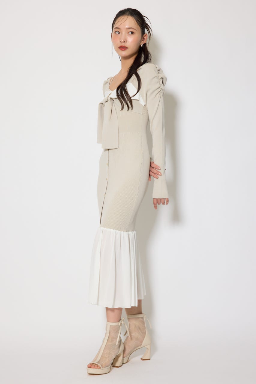 レイヤードフロントリボンマーメイドニットワンピース BEG FREE