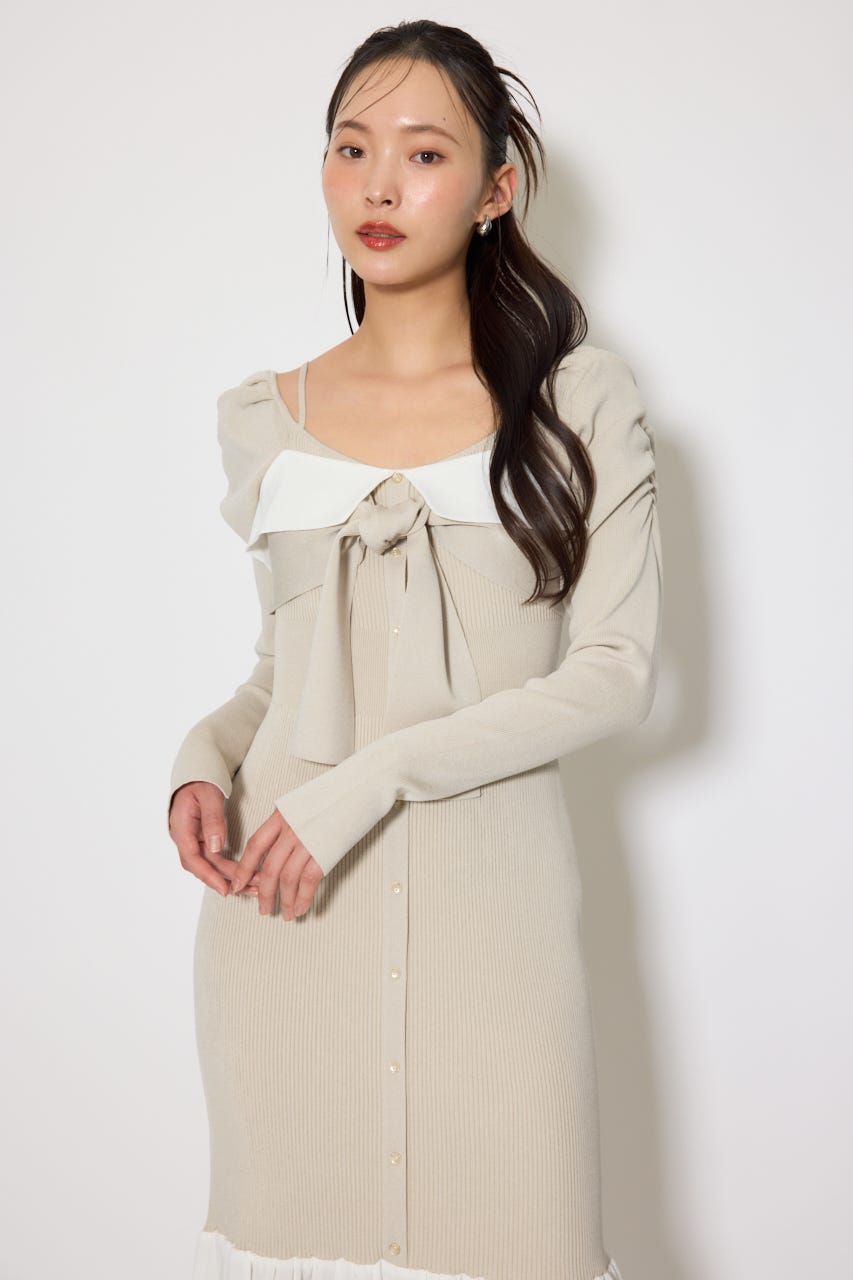 レイヤードフロントリボンマーメイドニットワンピース BEG FREE