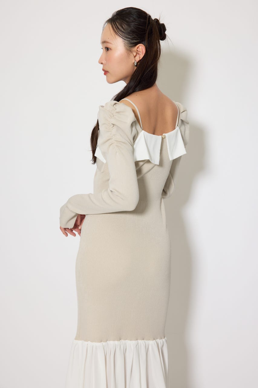 レイヤードフロントリボンマーメイドニットワンピース BEG FREE