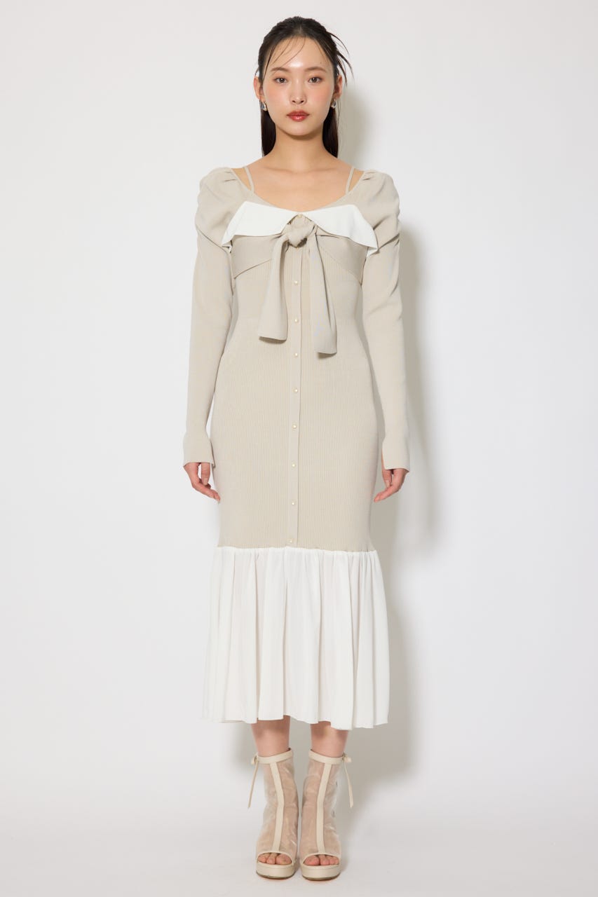 レイヤードフロントリボンマーメイドニットワンピース BEG FREE