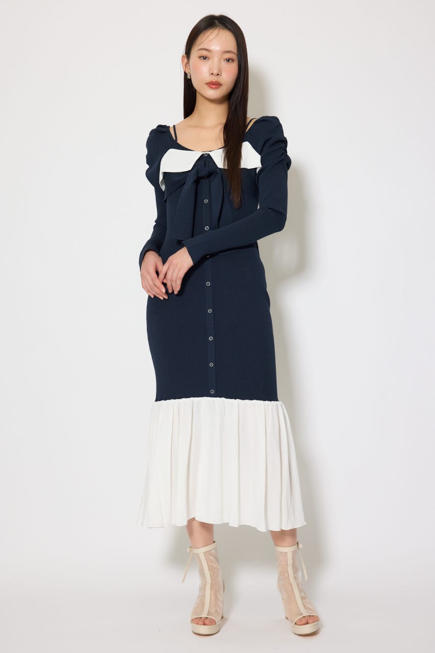 レイヤードフロントリボンマーメイドニットワンピース NVY FREE