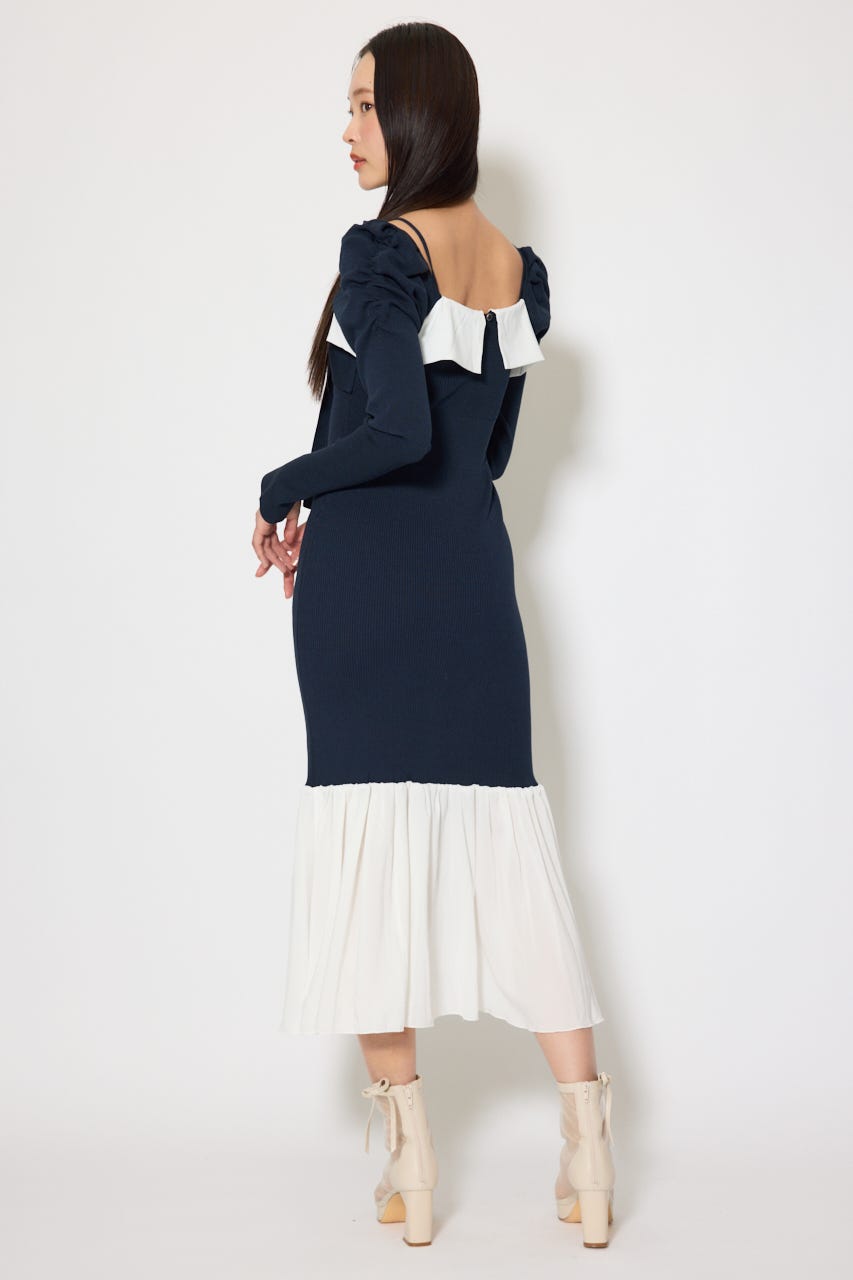 レイヤードフロントリボンマーメイドニットワンピース NVY FREE