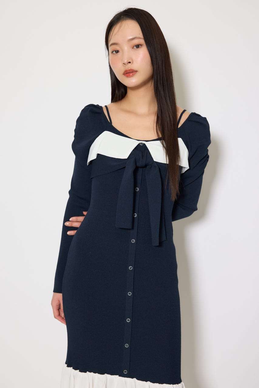 レイヤードフロントリボンマーメイドニットワンピース NVY FREE