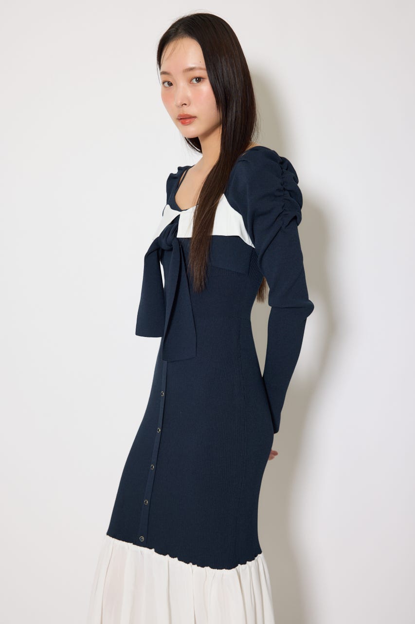 レイヤードフロントリボンマーメイドニットワンピース NVY FREE
