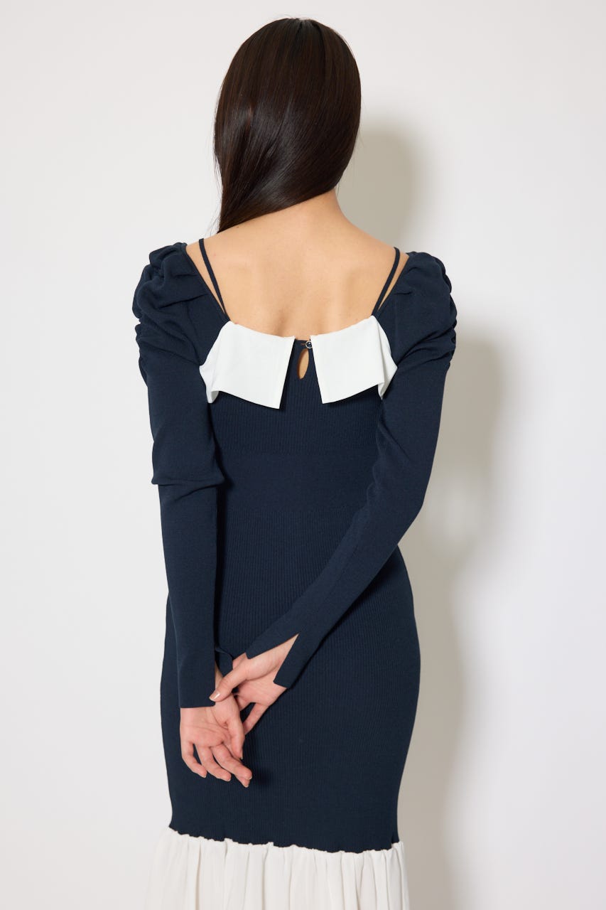 レイヤードフロントリボンマーメイドニットワンピース NVY FREE
