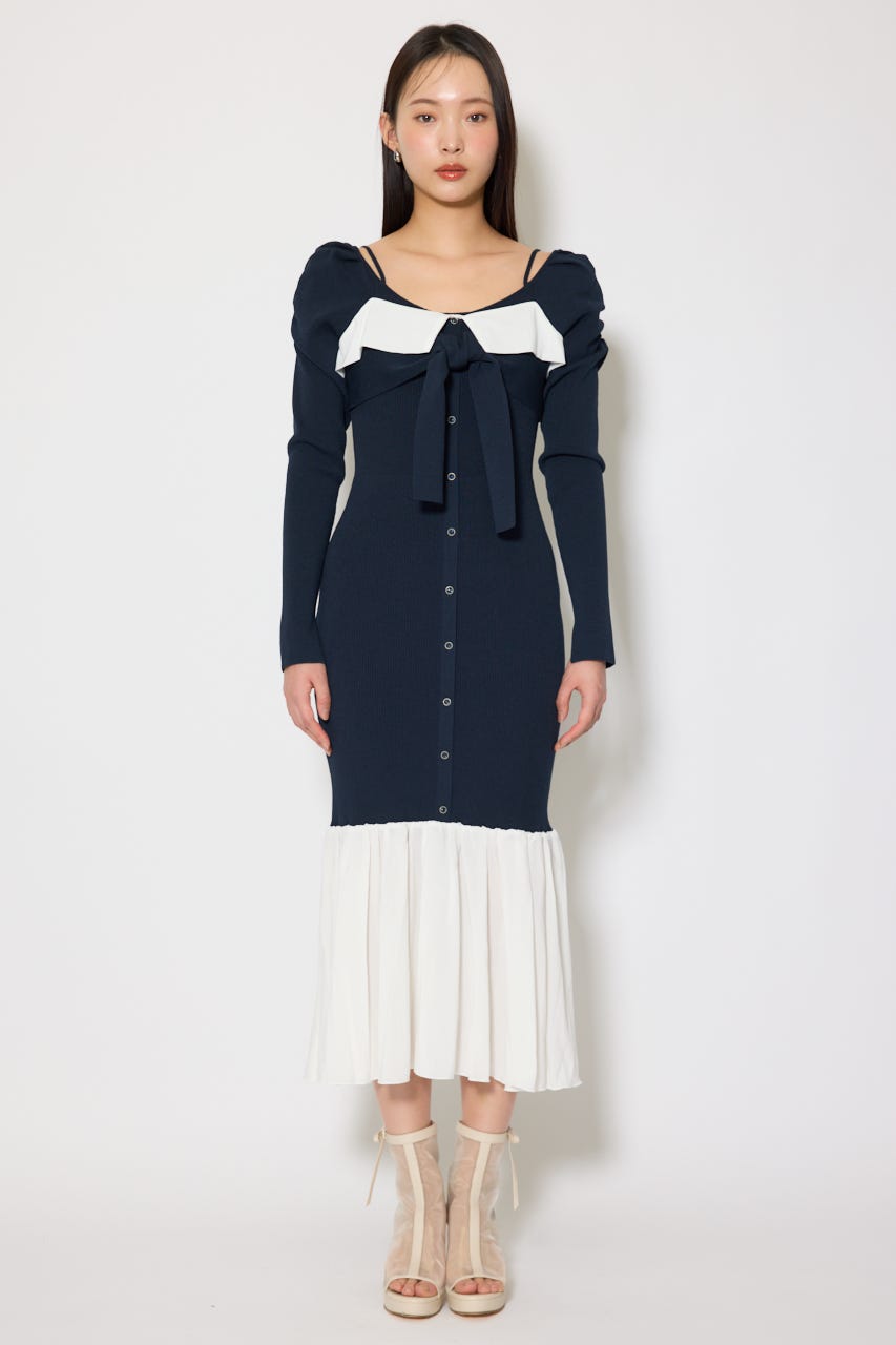 レイヤードフロントリボンマーメイドニットワンピース NVY FREE