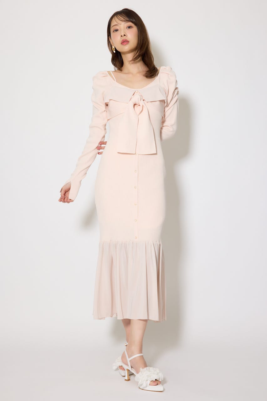 レイヤードフロントリボンマーメイドニットワンピース PNK FREE