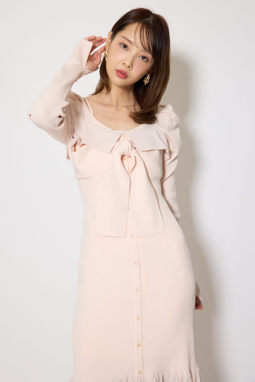 レイヤードフロントリボンマーメイドニットワンピース PNK FREE